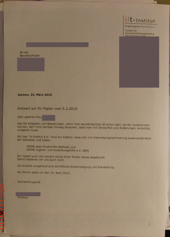 Antwortschreiben von iit Institut