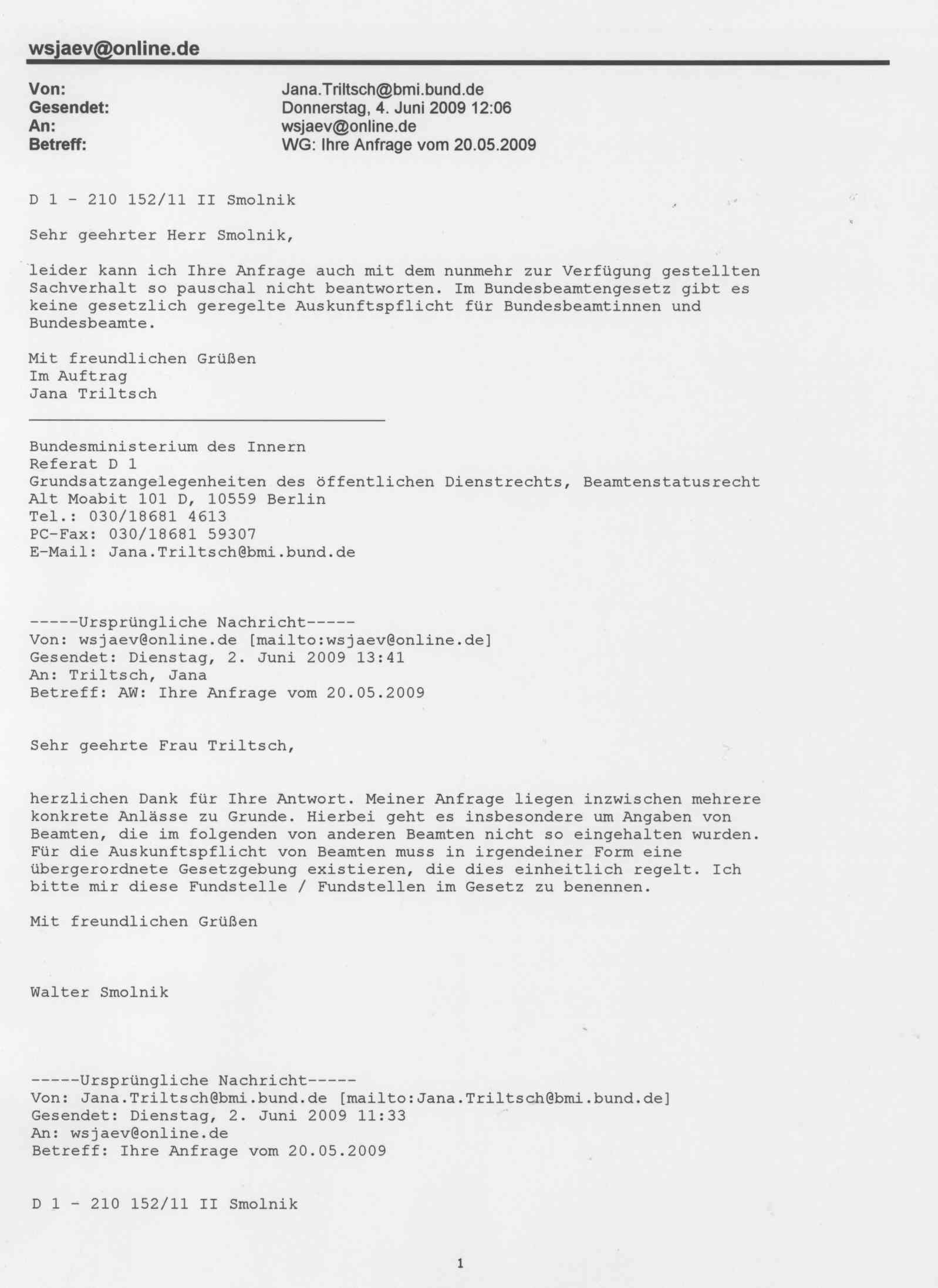 Auskunftverpflichtung von Beamten Seite 1 Antwort des BMI