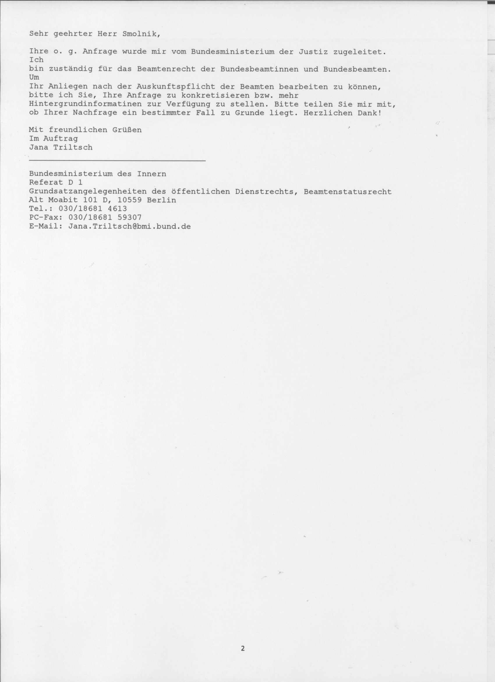 Auskunftverpflichtung von Beamten Seite 2 Antwort des BMI