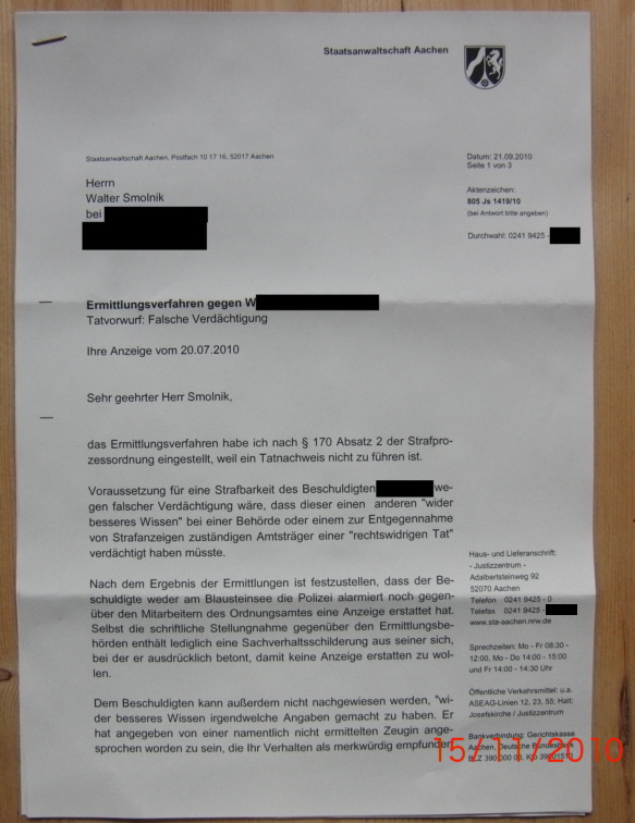 Einstellung durcch Staatsanwaltschaft Aachen 1 Einstellung durcch Staatsanwaltschaft Aachen 1