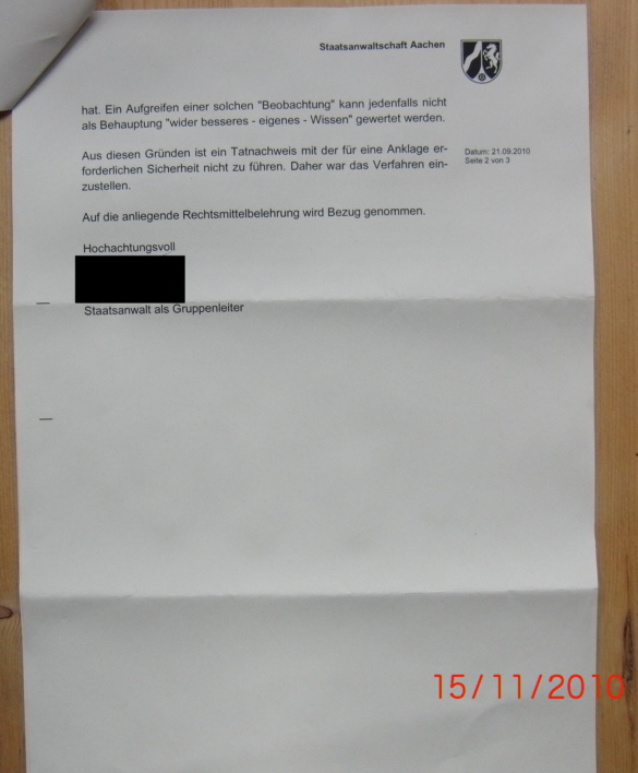 Einstellung durcch Staatsanwaltschaft Aachen 2 Einstellung durcch Staatsanwaltschaft Aachen 2