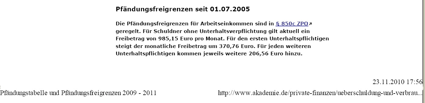 Pfändungsfreibetrag nach 850 c ZPO Pfändungsfreibetrag nach 850 c ZPO